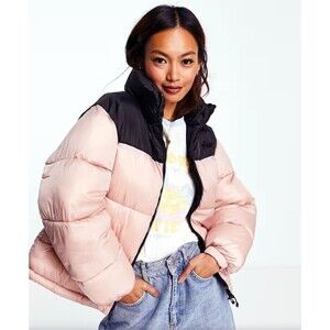 Pull & Bear Puffer Jacket Womens L Pink Black Padded Insulated Zip Gorpcore